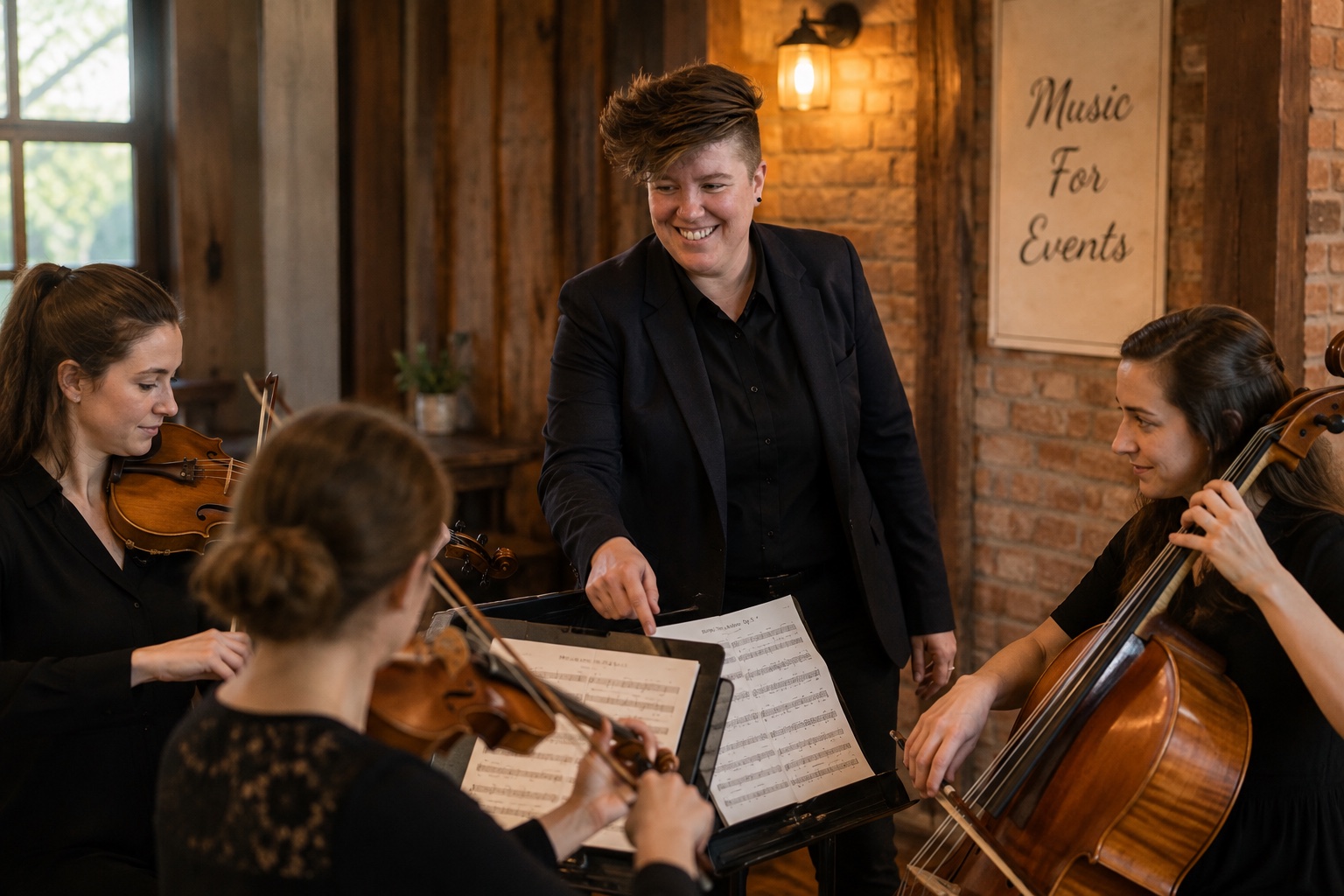Erin DeArment coordinating a string ensemble for an event